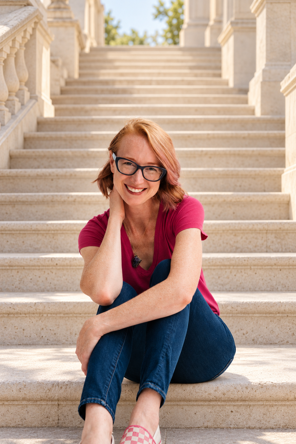 Sandy Martin smiling, seated on the bottom step of a grand stone staircase